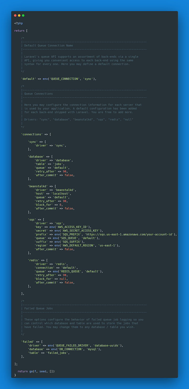 Configuration settings for Laravel queues