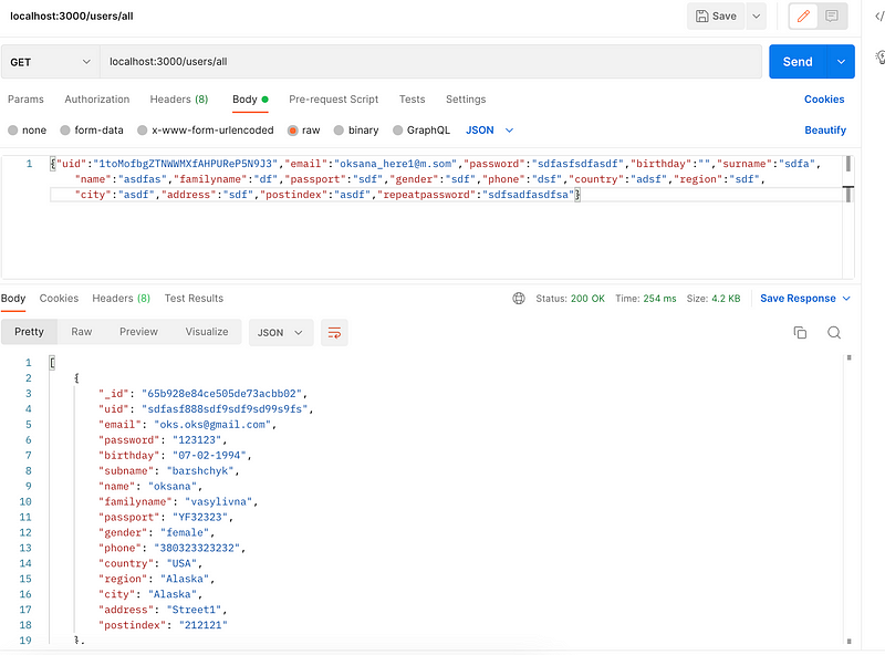 PostMan interface showing API results