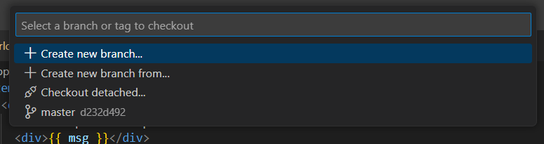 Dropdown to select a new branch in VSCode