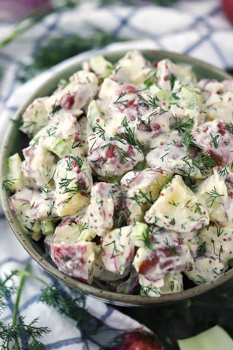 Freshly prepared red-skinned dill potato salad.