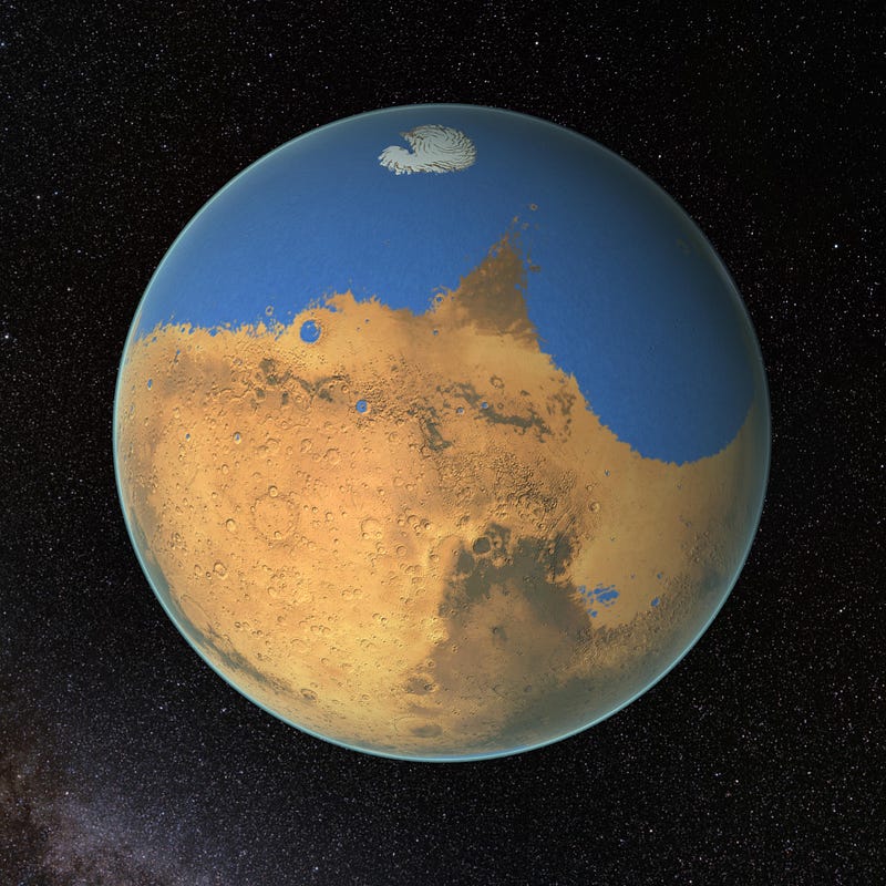 Artistic representation of ancient Mars as a water world