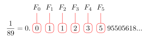 Decimal expansion of 1 divided by 89 with Fibonacci reference