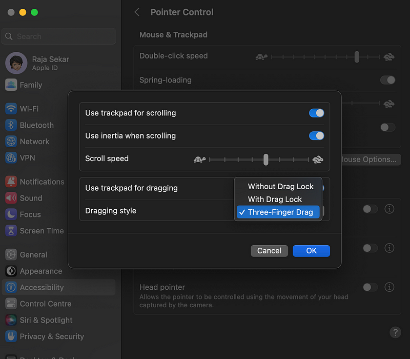 Configuration settings for the three-finger drag feature