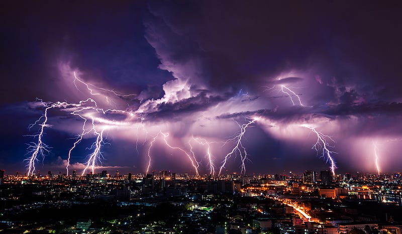 Lightning flash illuminating the sky