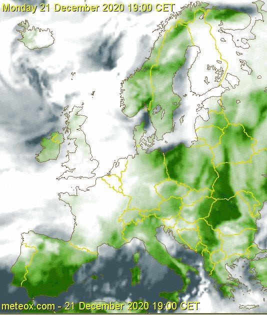 Cloudy skies in Europe during the conjunction