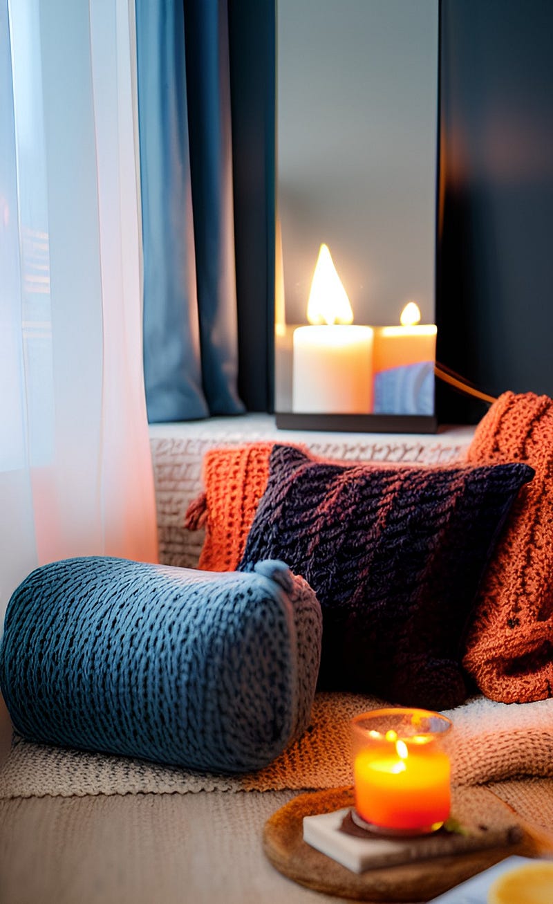 Cozy winter scene with candles and a warm drink